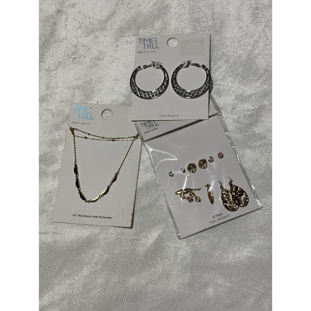 Time and True Jewelry Lot of 3Gold Silver Tone Necklace Hoop Earrings Studs New